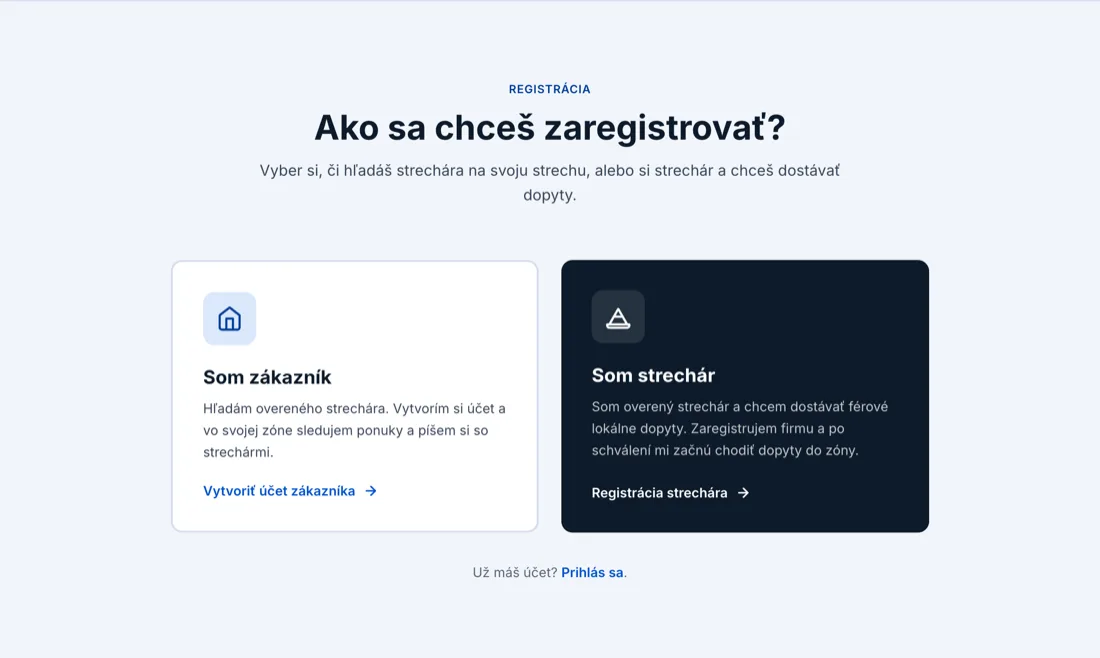 Registrácia - výber zákazník alebo strechár
