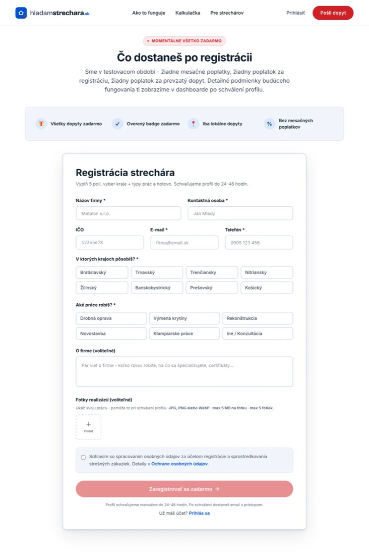 Registračný formulár strechára